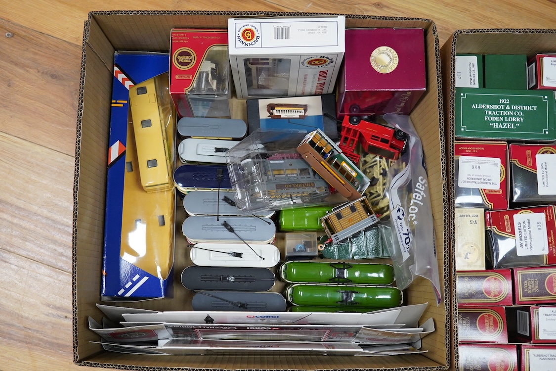 Sixty boxed diecast vehicles by Corgi Classics, Matchbox Models of Yesteryear, etc. including a large number of trams and other public transport vehicles, operators include; LCC, Plymouth, Blackpool, Belfast, Cardiff, et